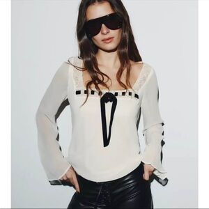 Zara White Blouse with Lace and Black Ribbon